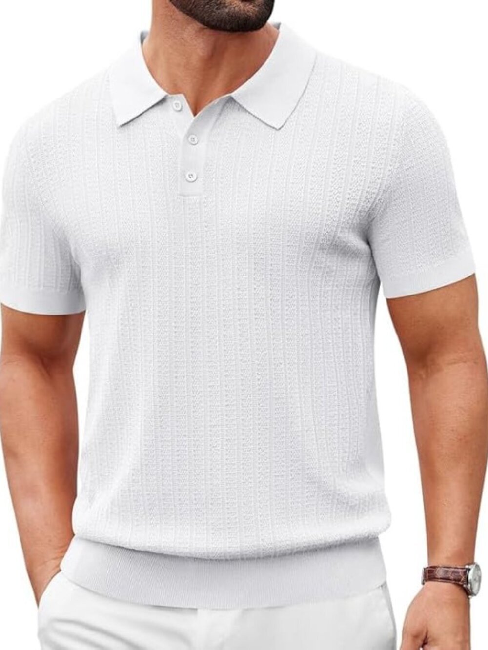 Men's White Casual Knit Polo Short Sleeve Slim T-Shirts Fit Textured